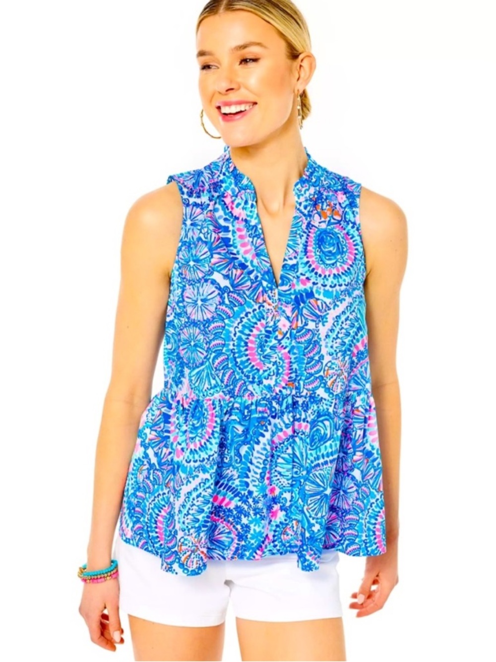 Lilly Pulitzer Novella Ruffle Hem Top Blue Grotto Commotion Ocean M